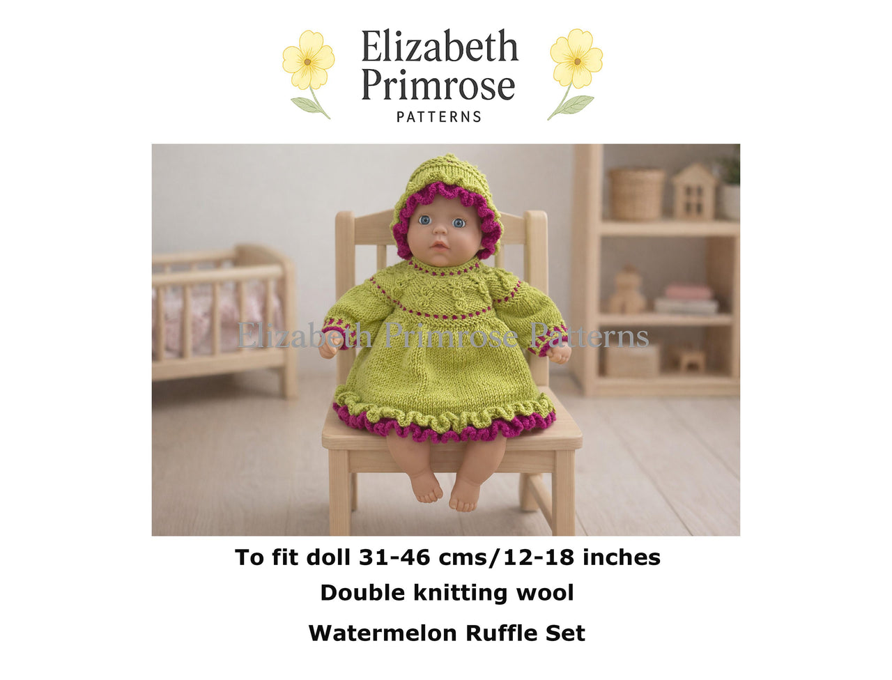 Watermelon Ruffle Set Knitting Pattern P102 – Doll Dress and Hat – Elizabeth Primrose Patterns