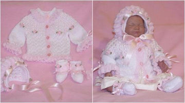 Frilly Edged Cardi, booties and bonnet ref:11