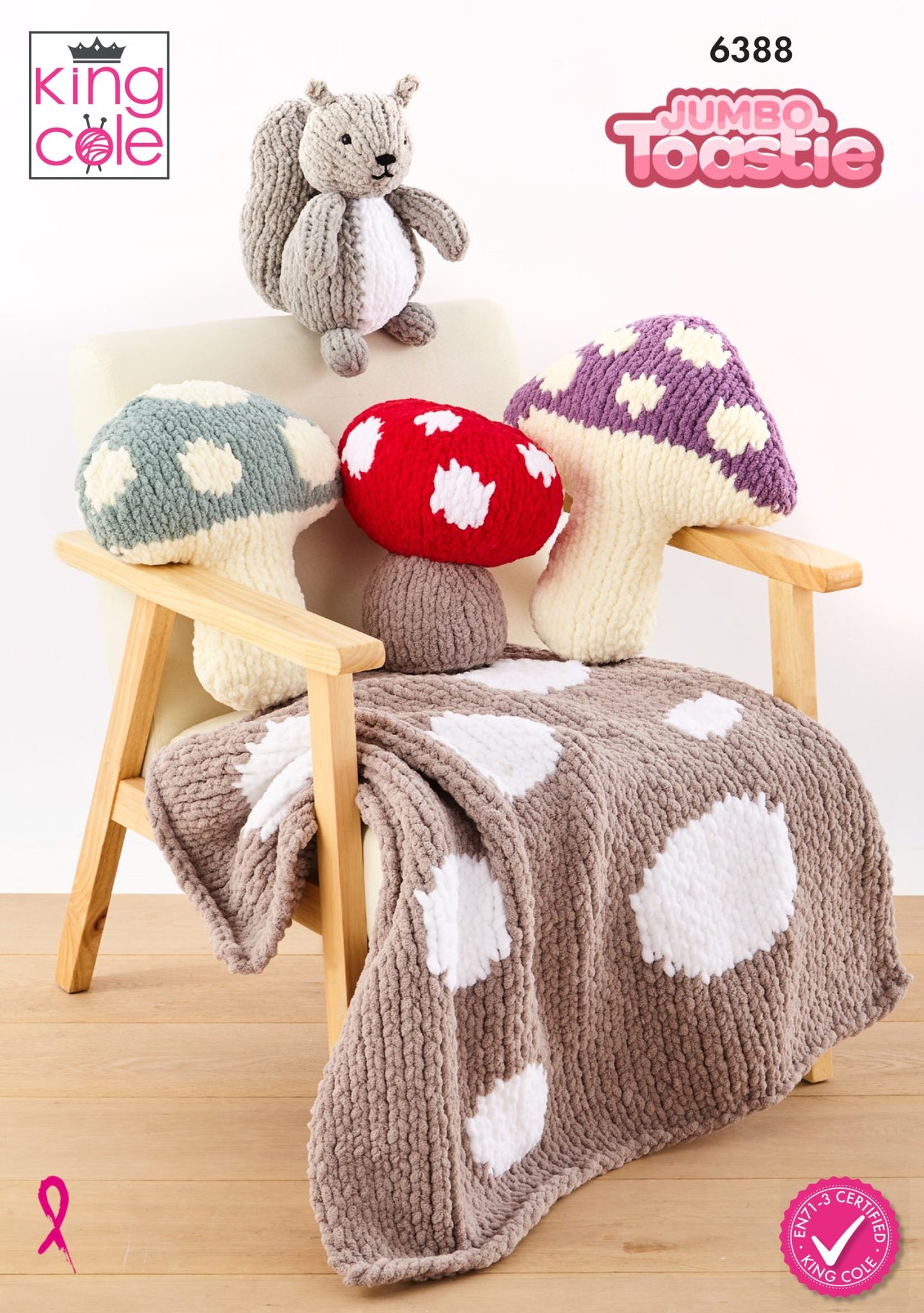 Toadstool Cushions, Door Stop, Blanket and Squirrel Toy in King Cole Jumbo Toastie - 6388 - Leaflet