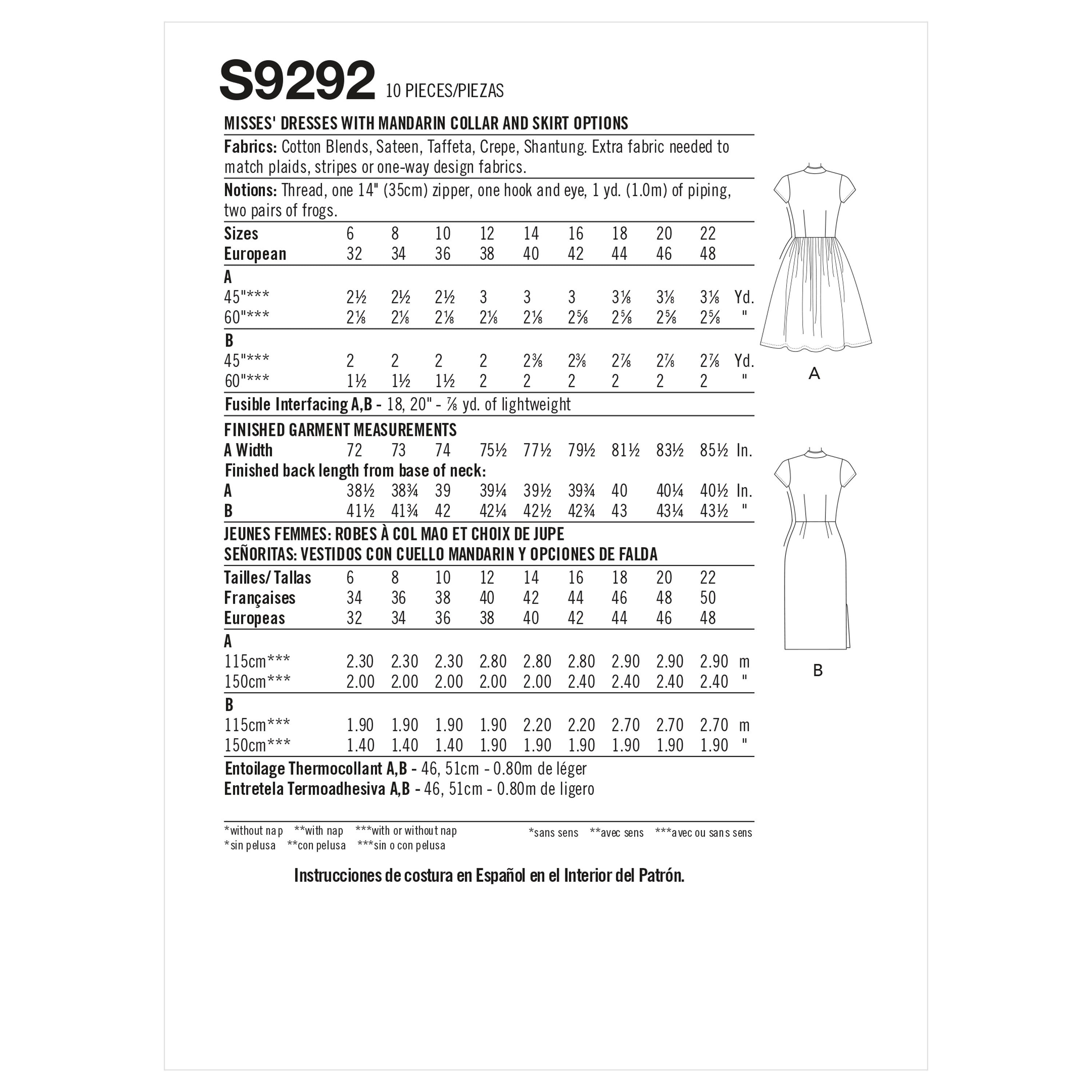 Simplicity Misses' Dresses With Mandarin Collar & Skirt Options S9292 - Sewing Pattern
