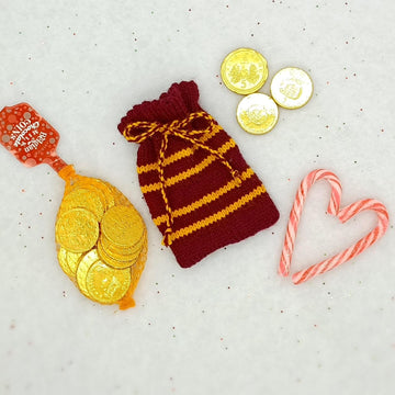 Harry Potter PDF Wizard knitting pattern Chocolate Coin Bag EASY Snowy Owl House Colours Jewellery Potion Pouch