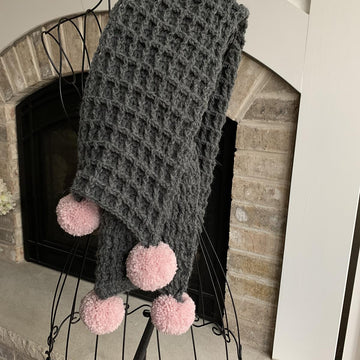 Waffle Scarf with Poms