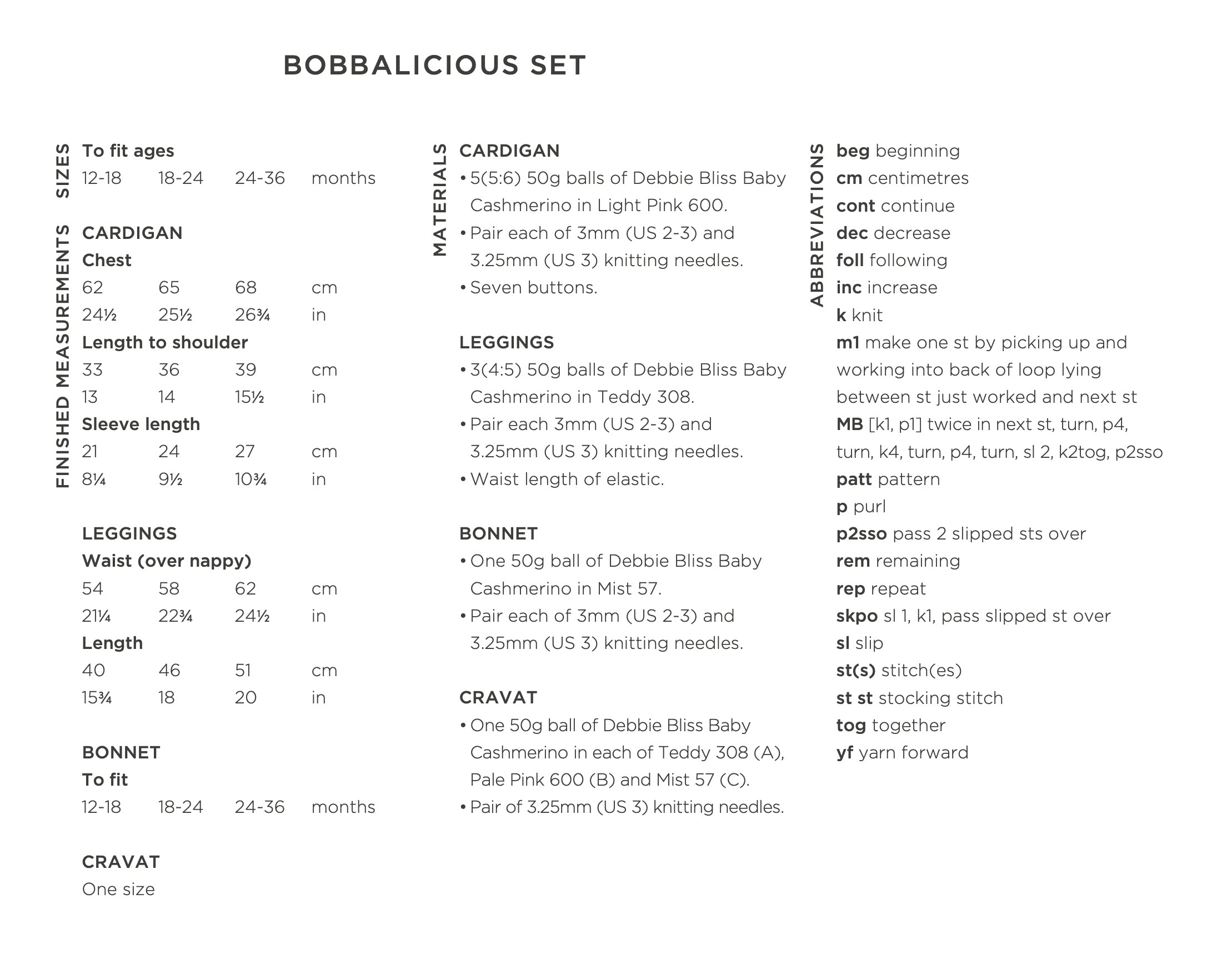 Bobbalicious - Layette Knitting Pattern For Toddlers in Debbie Bliss Baby Cashmerino by Debbie Bliss