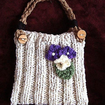 689P - Knitted Purse Handbag, Handles, Flower, and Leaf