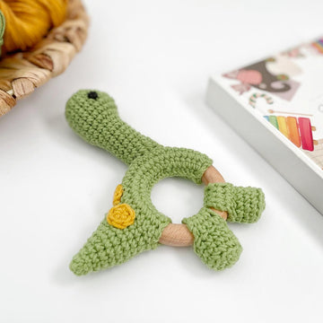 Crochet dinosaur Brontosaurus toy and baby teething rattle amigurumi pattern