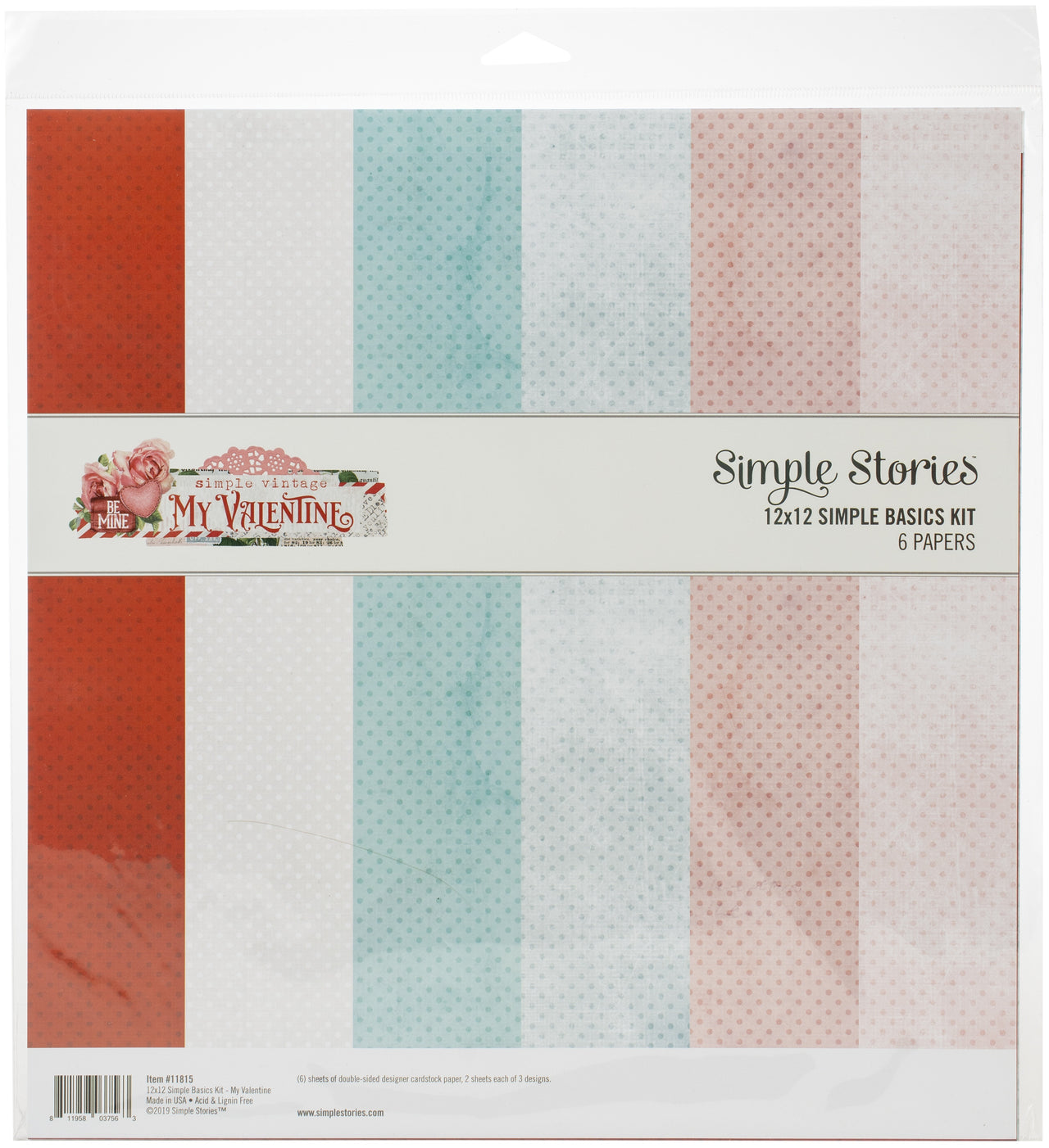 Simple Stories Basics Double-Sided Paper Pack 12"X12" 6/Pkg - Simple Vintage My Valentine, 3 Designs
