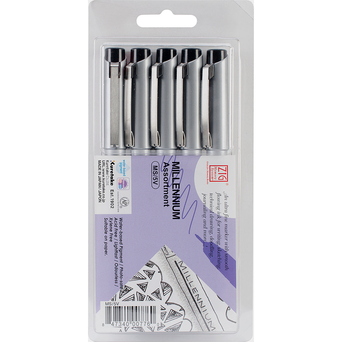 ZIG Millennium Assorted Point Pens 5/Pkg - Pure Black