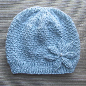 Blue Hat in Beads Stitch with a Knitted Flower in Size Adult