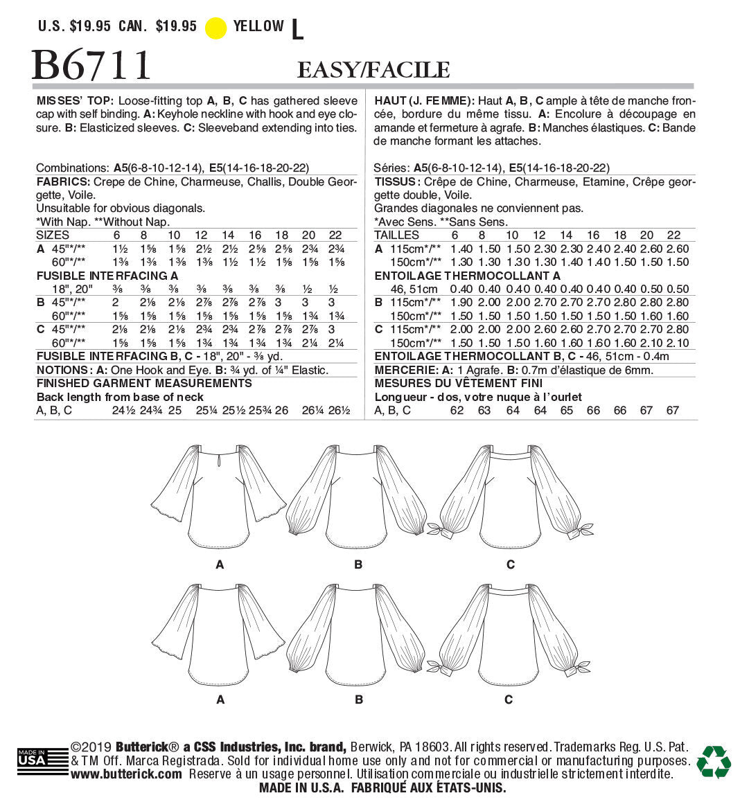 Butterick Misses' Top B6711 - Sewing Pattern