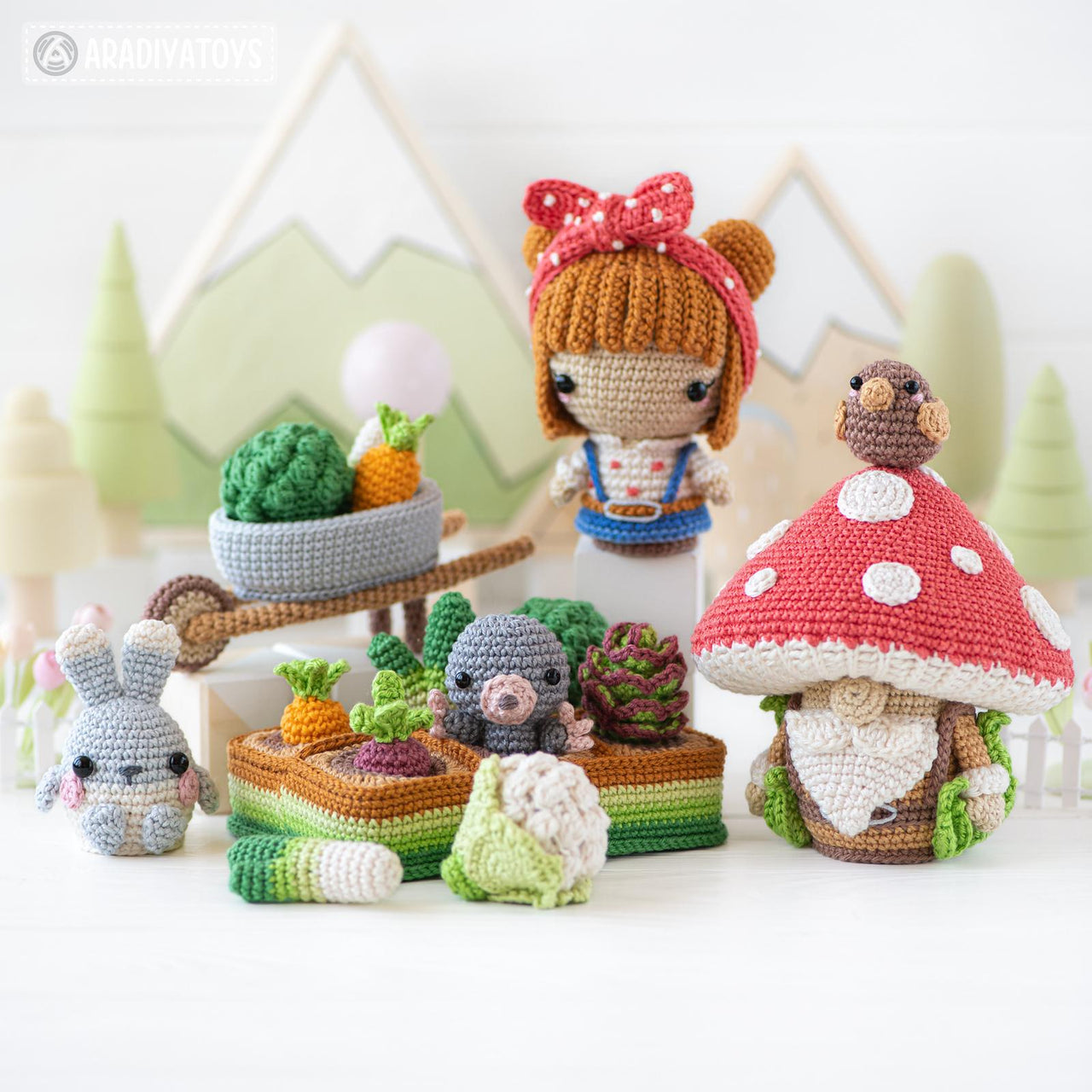5-in-1 vegetable patch crochet pattern amigurumi by AradiyaToys mini kingdom mushroom gnome crochet tutorial DIY PDF file bunny garden girl by AradiyaToys (Olka Novytska)