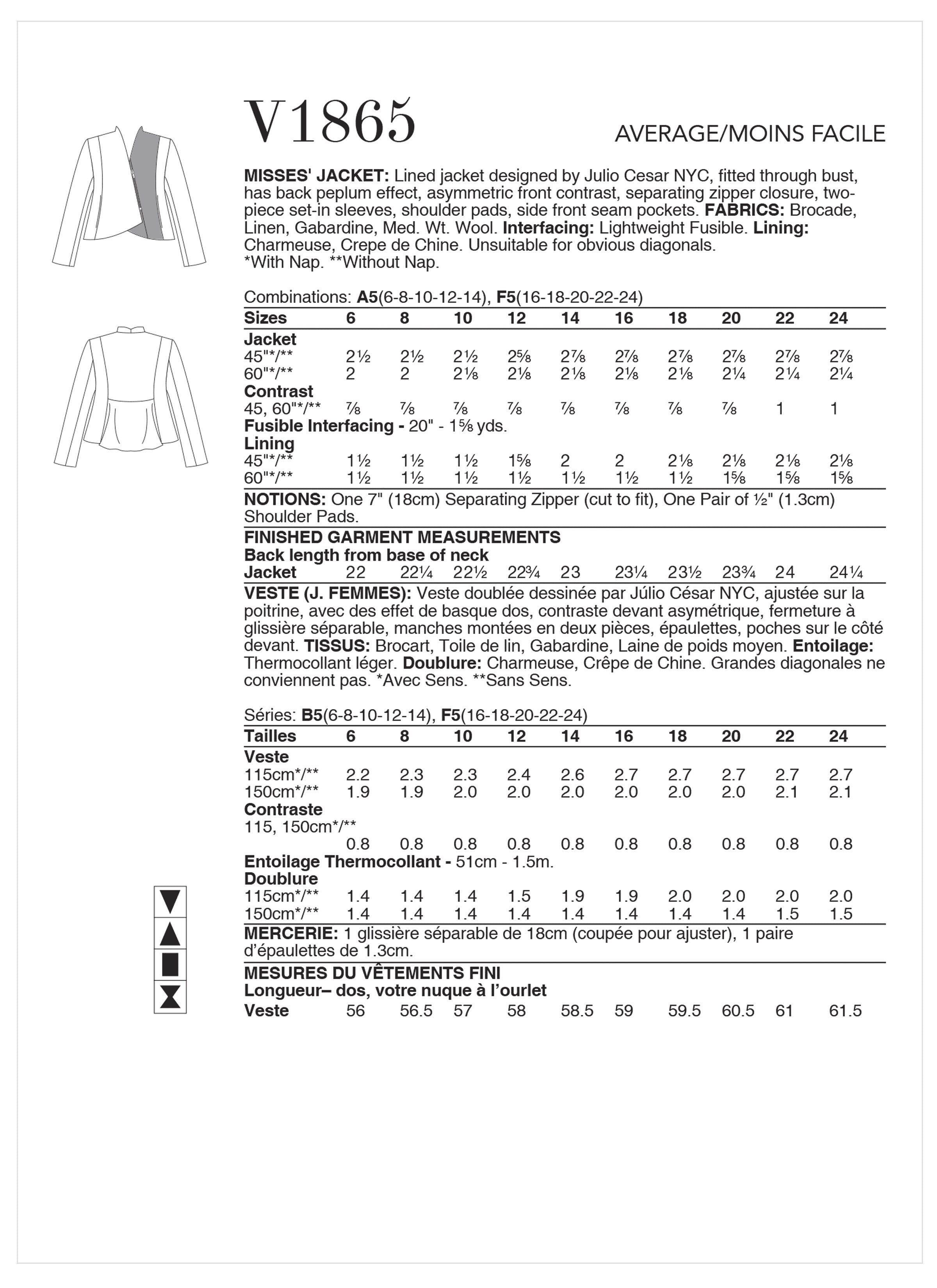 Vogue Misses' Jacket V1865 - Sewing Pattern