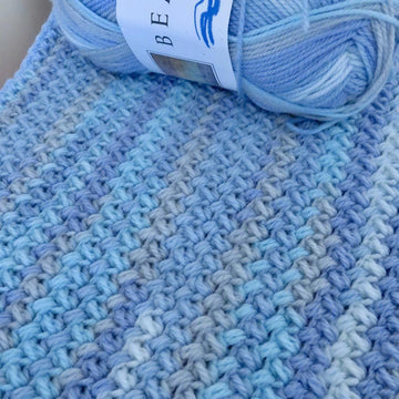 Palm Beach Baby Bean Stitch Blanket – King Cole DK Pastel Blues Crochet Pattern