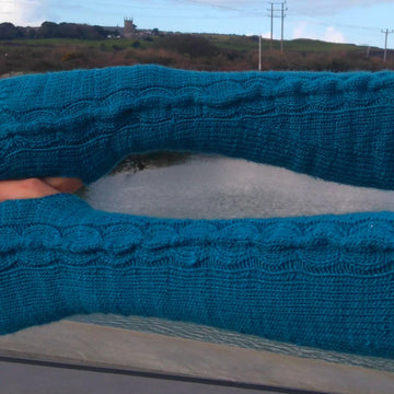 Ladies long fingerless lace and cabled mittens
