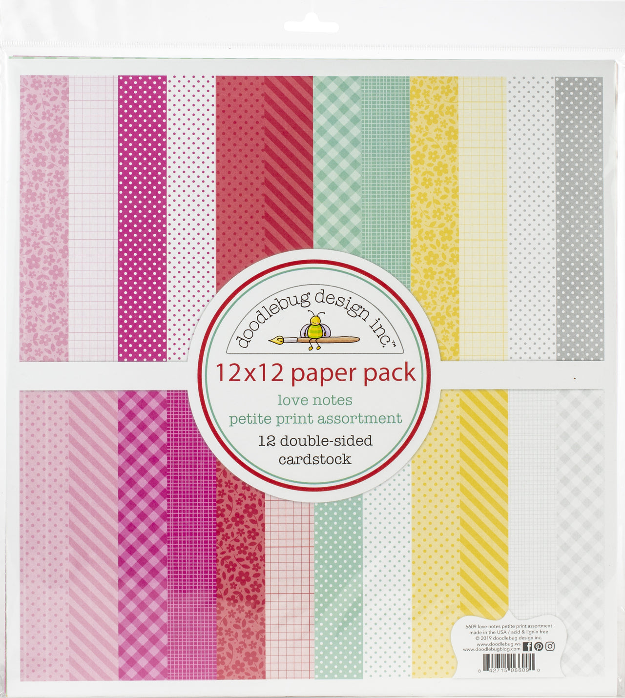Doodlebug Petite Prints Double-Sided Cardstock 12"X12" 12/Pk - Love Notes, 12 Designs/1 Each