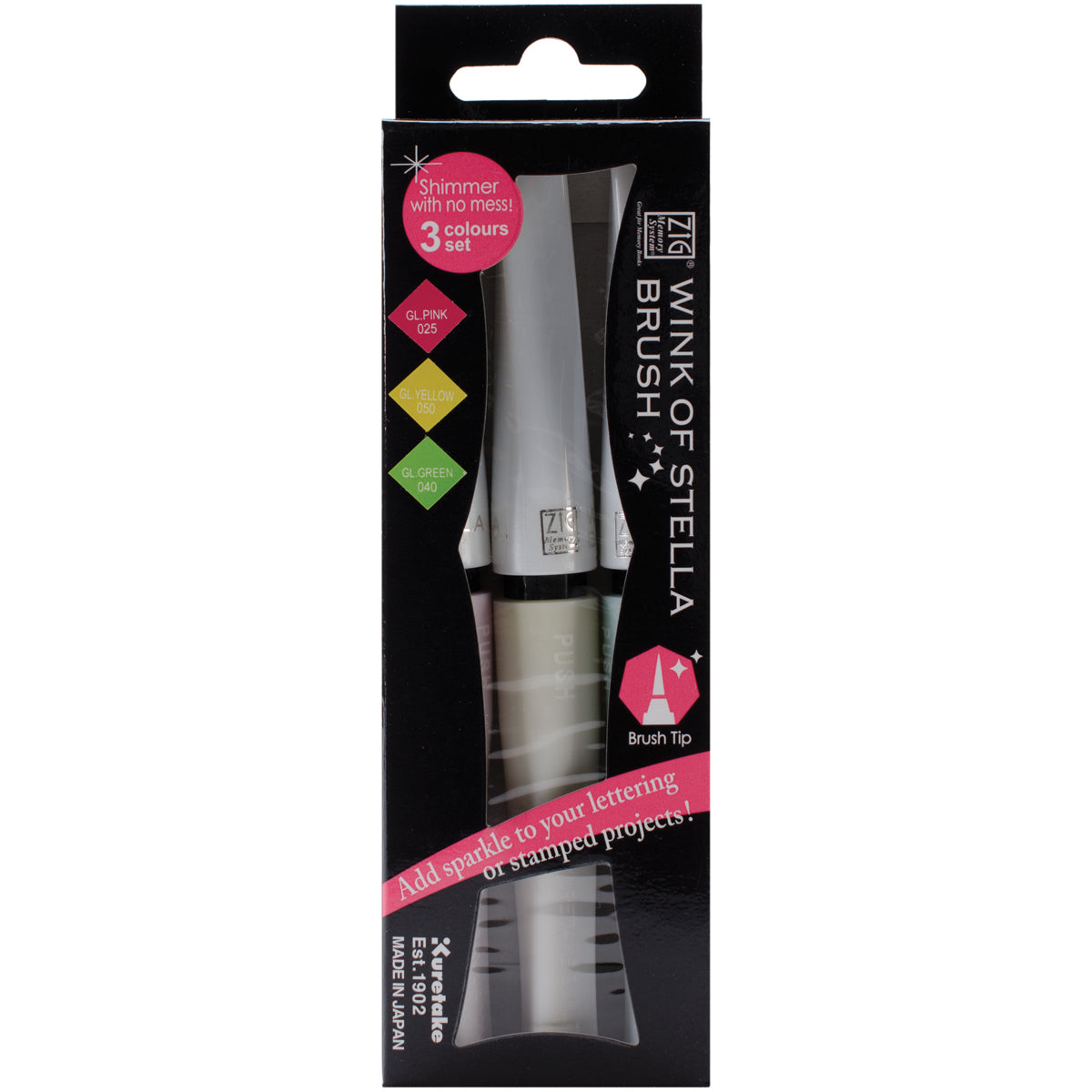 ZIG Memory System Wink of Stella Brush Glitter Markers 3/Pkg - Pretty Garden - Pink, Yellow, Green