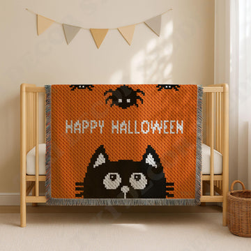 Happy Halloween Orange Blanket Black Cat Face & Spiders Throw C2C CROCHET PATTERN