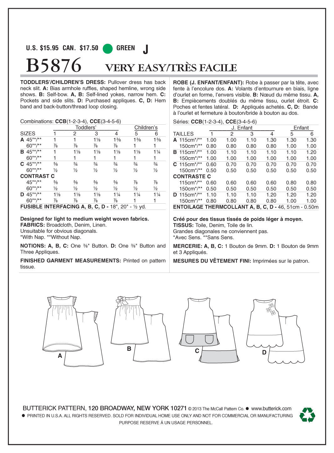 Butterick Toddlers'/Children's Dress B5876 - Sewing Pattern