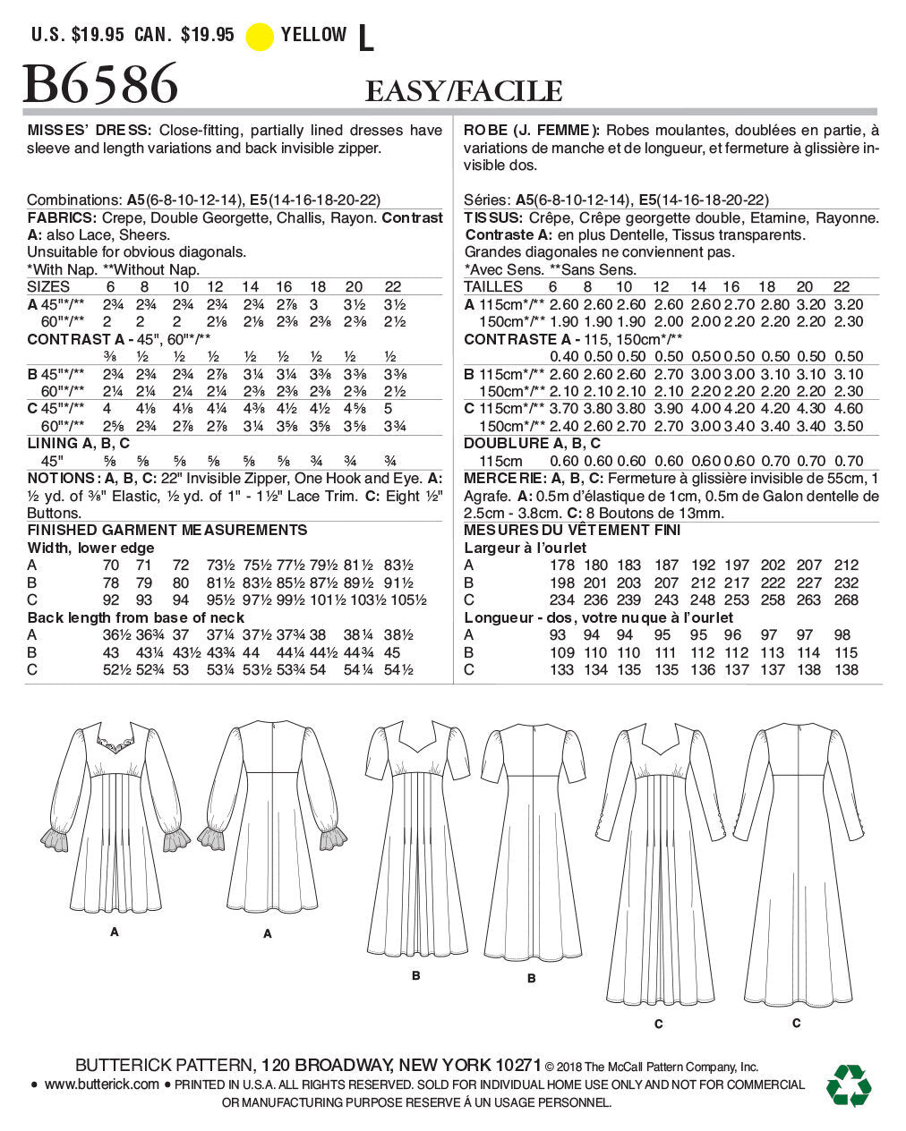Butterick Misses' Dress B6586 - Sewing Pattern