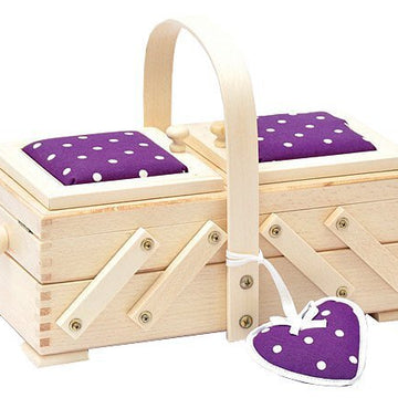 Sewandso Sewing Box with Lilac Dot Pin Cushion Lids and Heart, Beech Wood