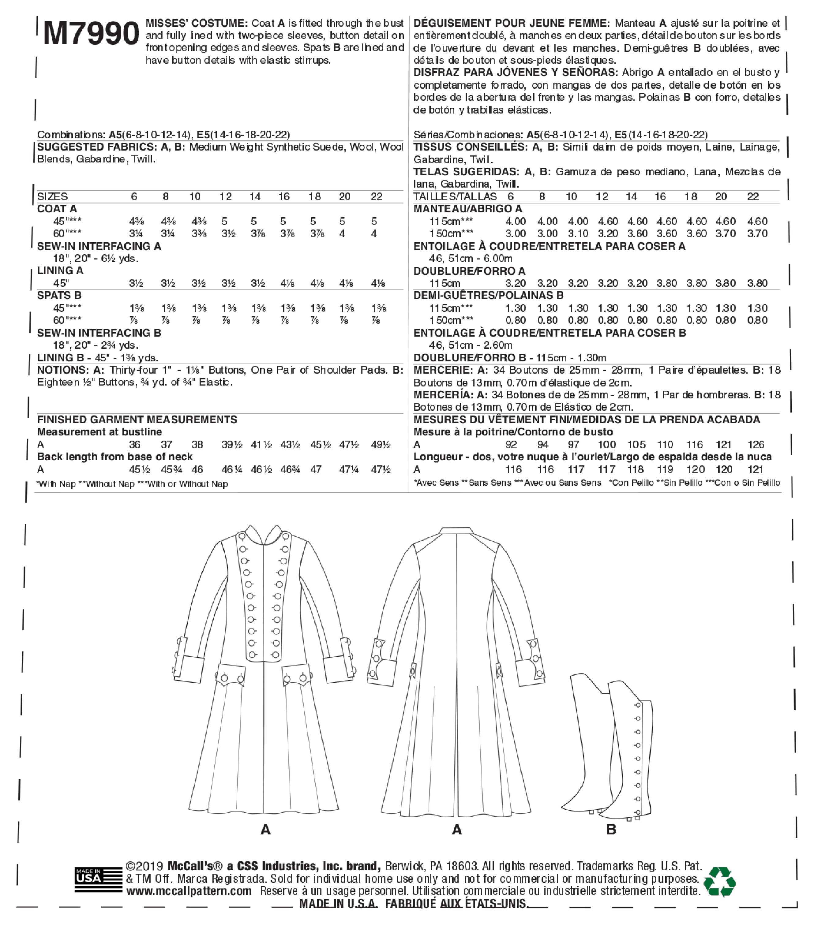 McCall's Misses' Costume M7990 - Sewing Pattern
