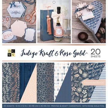 American Crafts DCWV Double-Sided Cardstock Stack 12"X12" 20/Pkg - Indigo Kraft & Rose Gold, 10 Des/2 Each