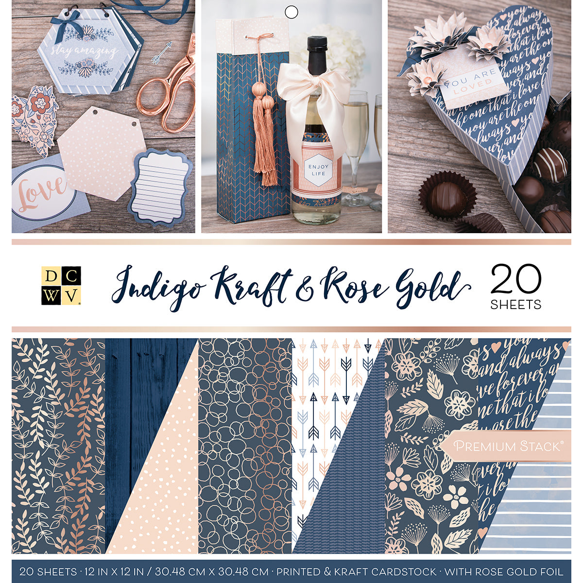 American Crafts DCWV Double-Sided Cardstock Stack 12"X12" 20/Pkg - Indigo Kraft & Rose Gold, 10 Des/2 Each