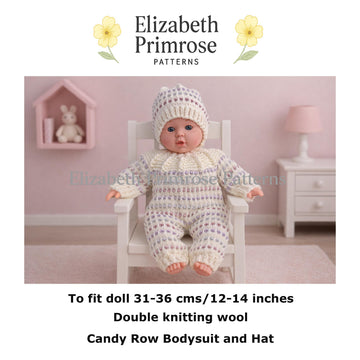 Candy Row Dolls Bodysuit and Hat Knitting Pattern P30 | Elizabeth Primrose Patterns