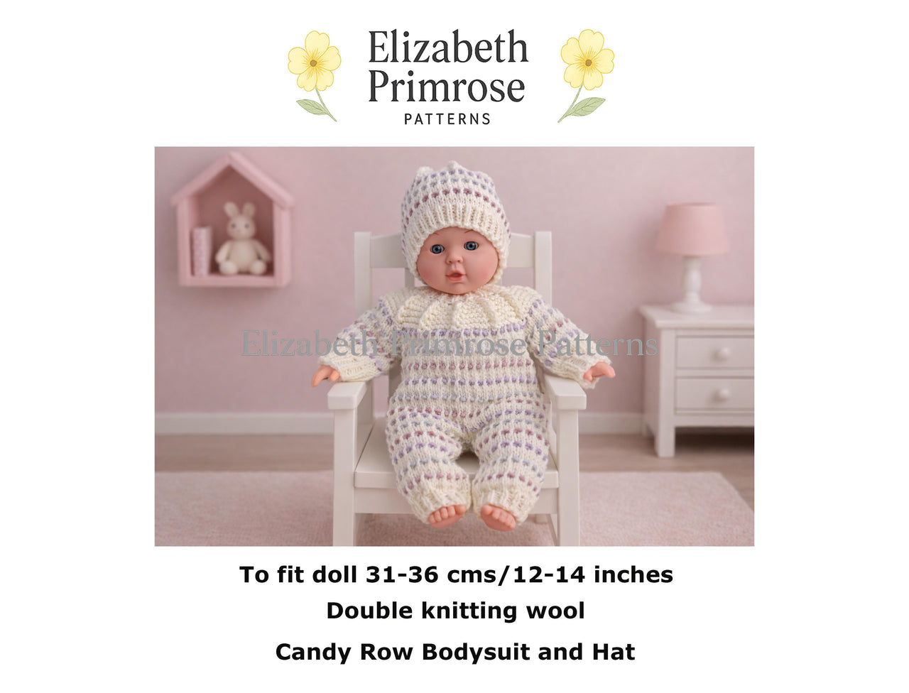 Candy Row Dolls Bodysuit and Hat Knitting Pattern P30 | Elizabeth Primrose Patterns