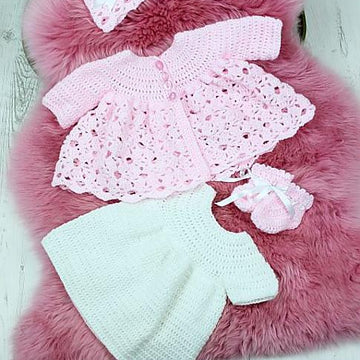 Crochet Pattern For Baby Matinee Jacket , Dress, Hat and Booties #291