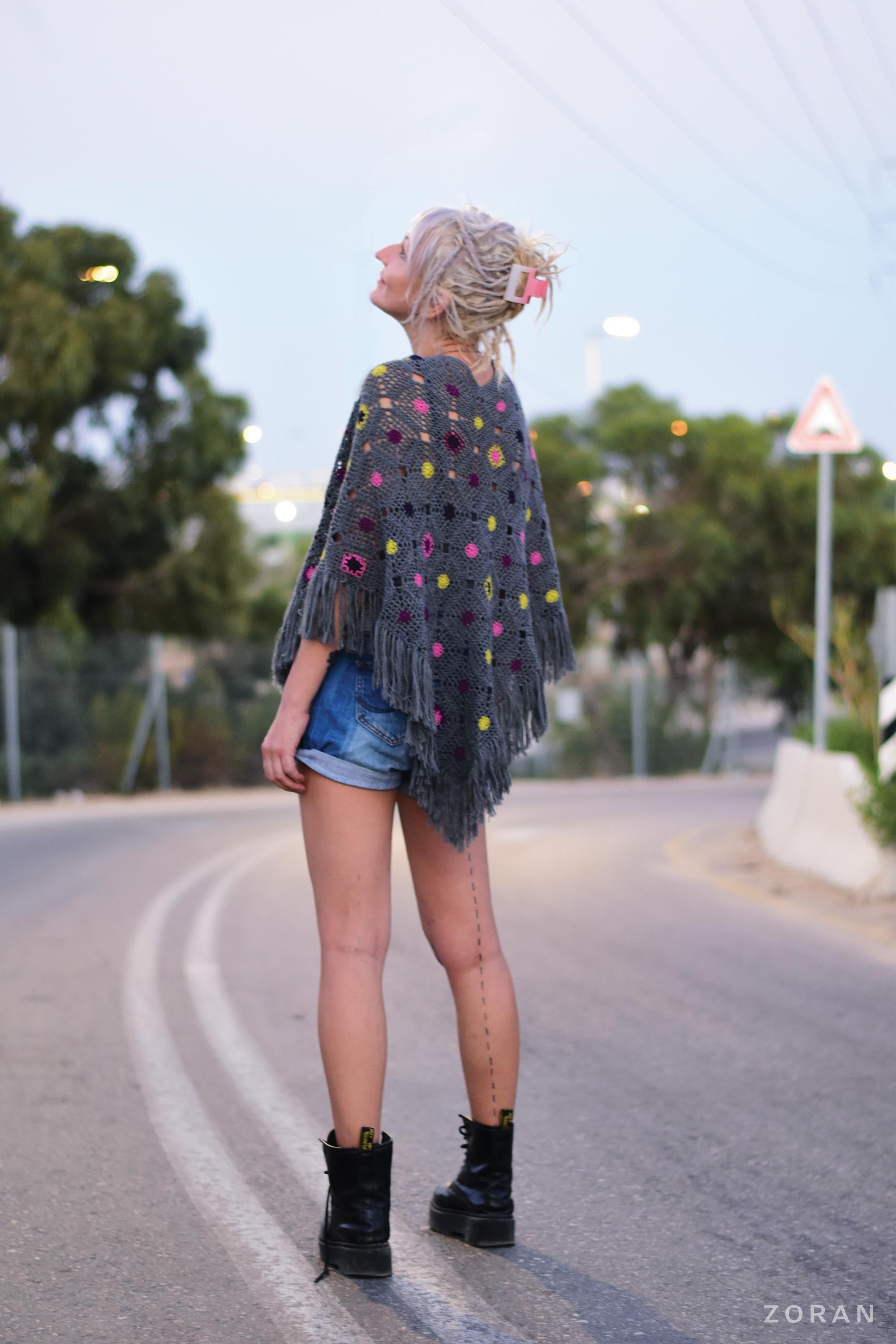 Aurora boho chic crochet poncho with fringe