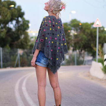 Aurora boho chic crochet poncho with fringe