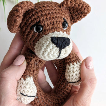 Crochet dog pattern, baby rattle dog amigurumi pattern, crochet baby gift idea
