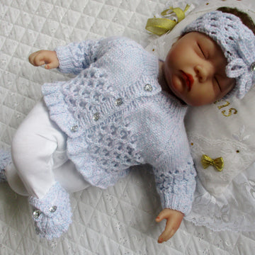 Knitting pattern baby cardigan, headband and Mary Jane shoes