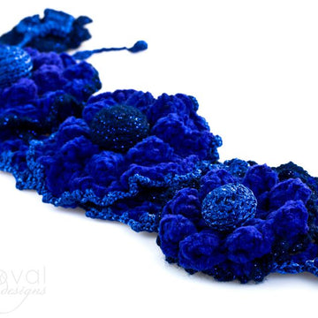 Royal Blue. Genia Crocheted Scarf & Flower Pins