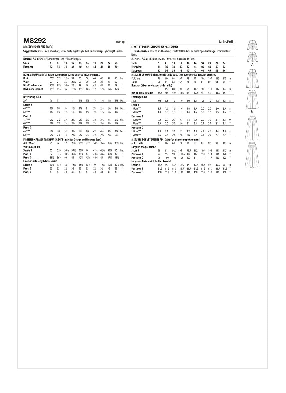 McCall's Misses' Shorts and Pants M8292 - Sewing Pattern