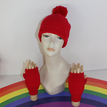 Adult Teen Aran Moss Stitch Bobble Beanie & Fingerless Gloves