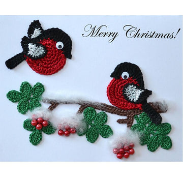 Crochet Robin Applique Pattern – Robin on Rowan Branch, Christmas Card Topper, Bird Applique, Decoration (PDF)