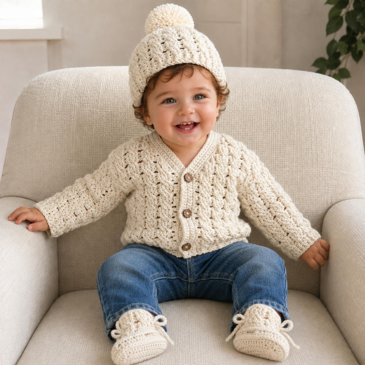 Caleb Baby Cardigan Hat and Booties Set