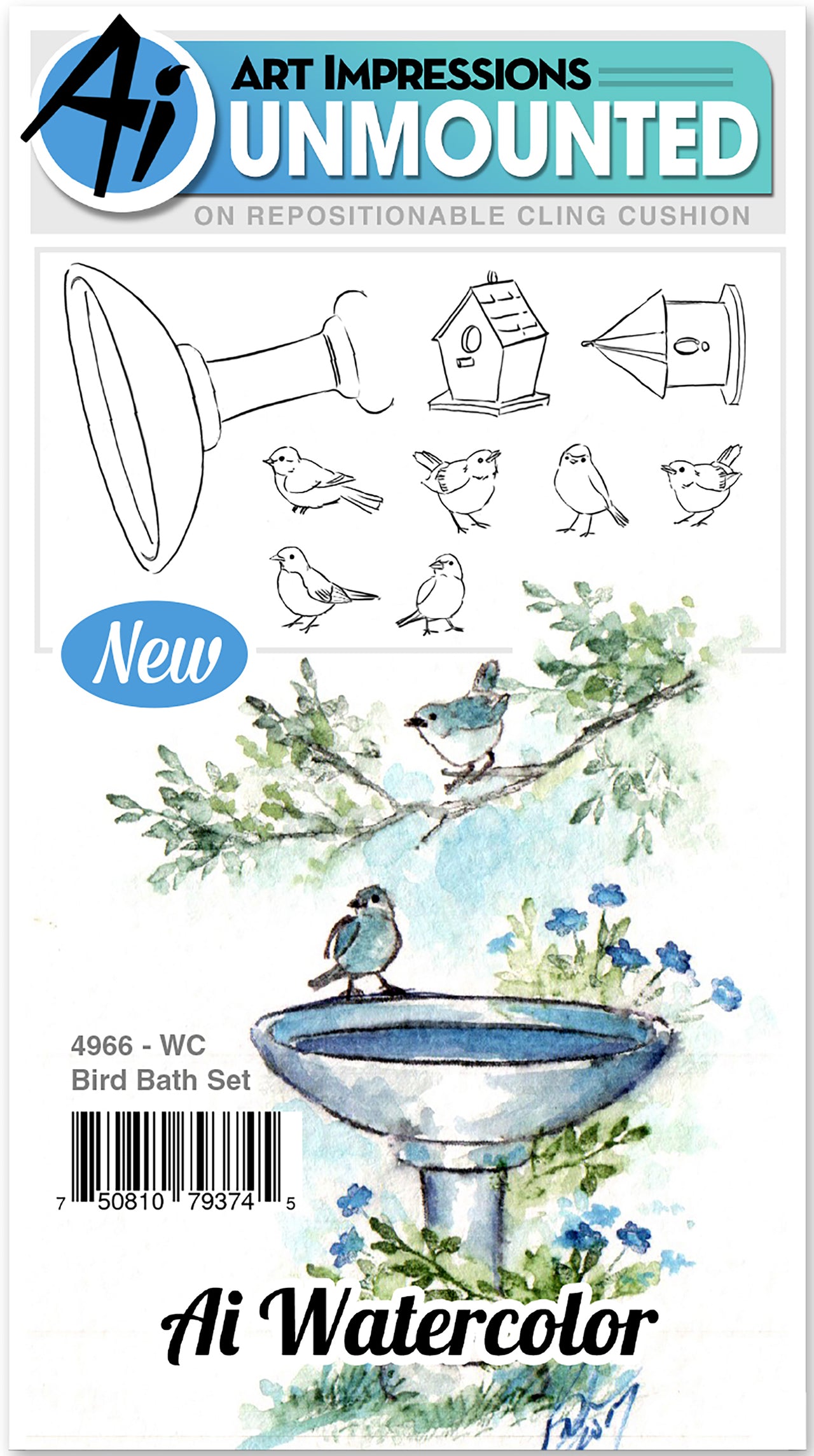 Art Impressions Watercolor Cling Rubber Stamps - Bird Bath