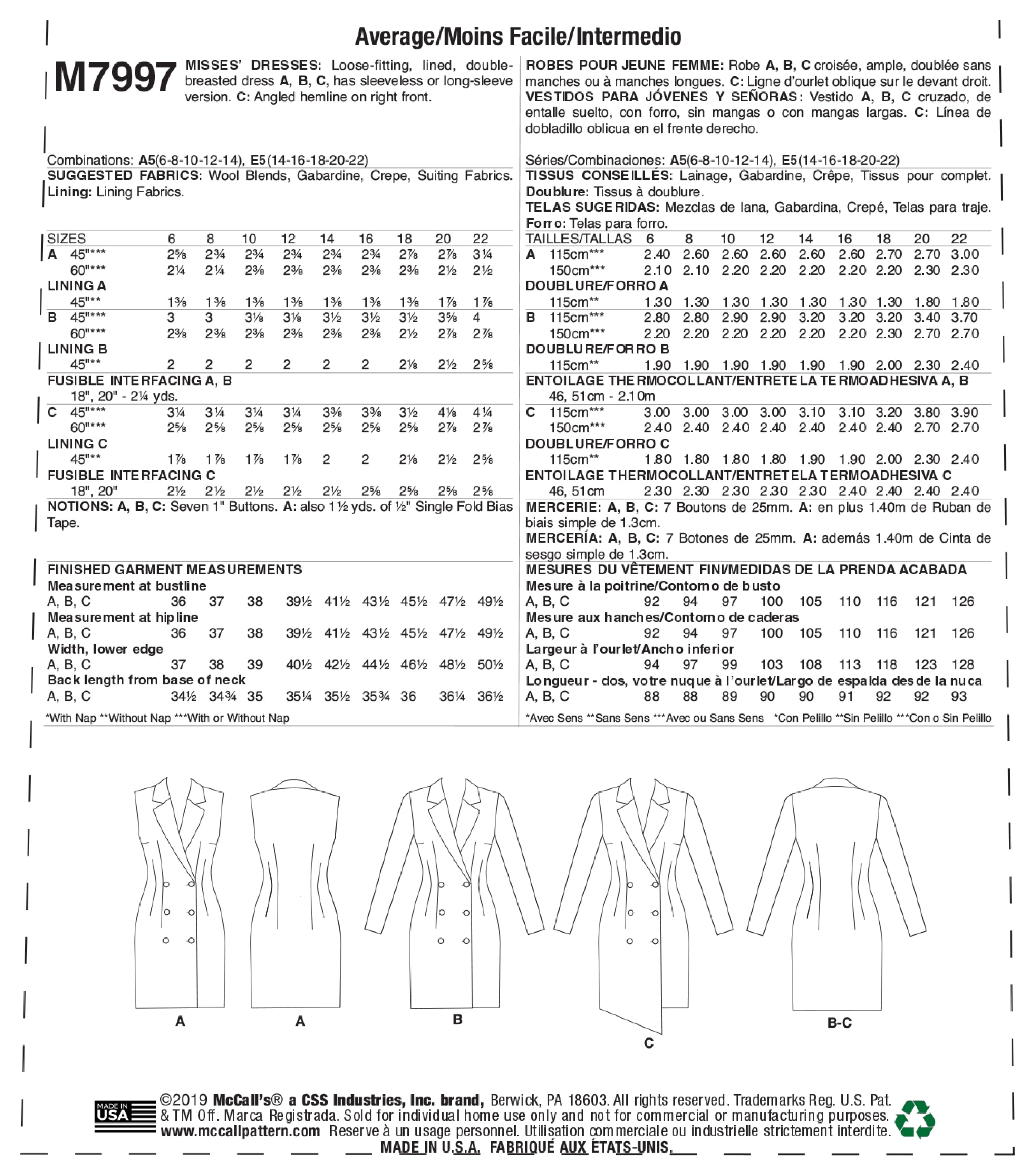 McCall's Misses' Dresses M7997 - Sewing Pattern