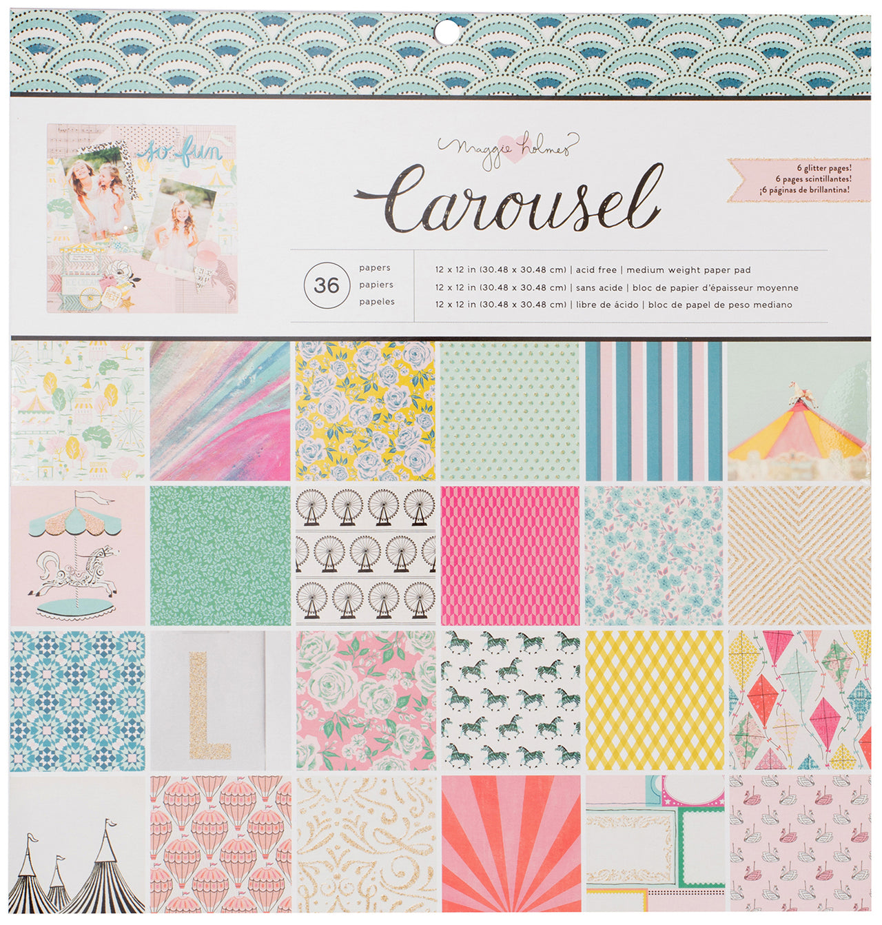 American Crafts Crate Paper Single-Sided Paper Pad 12"X12" 36/Pkg - Carousel W/Gold Foil
