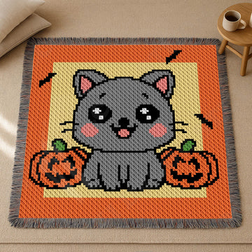 C2C CROCHET PATTERN Halloween Pumpkin Kitten Blanket Gray Cat Afghan Spooky Lapghan