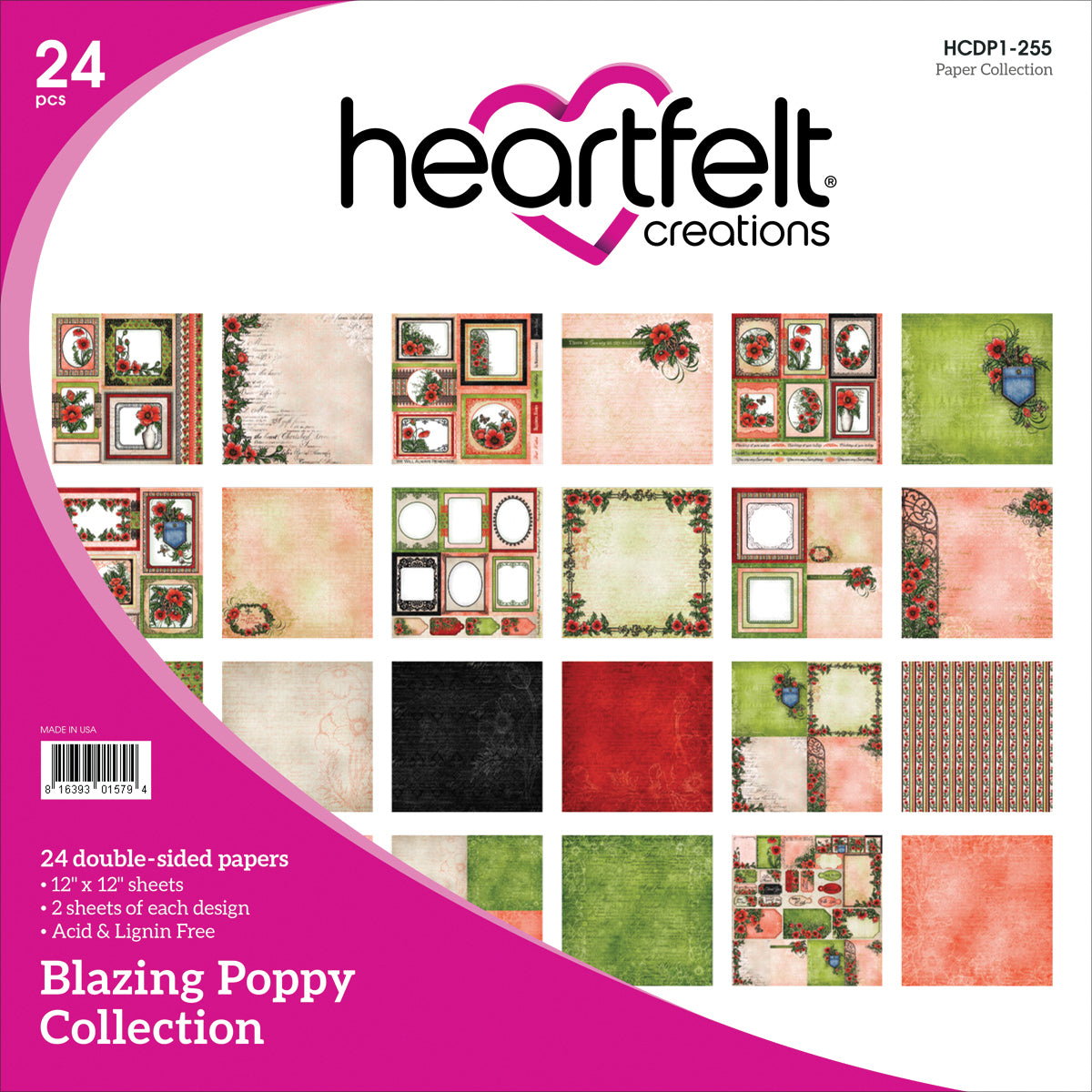 Heartfelt Creations Double-Sided Paper Pad 12"X12" 24/Pkg - Blazing Poppy, 12 Designs/2 Each