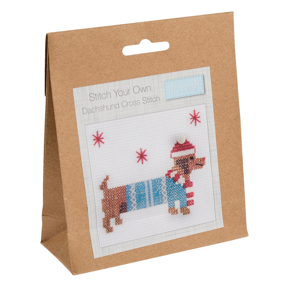 Trimits Mini Counted Cross Stitch Kit: Festive Dachshund Cross Stitch Kit - 13 x 13cm