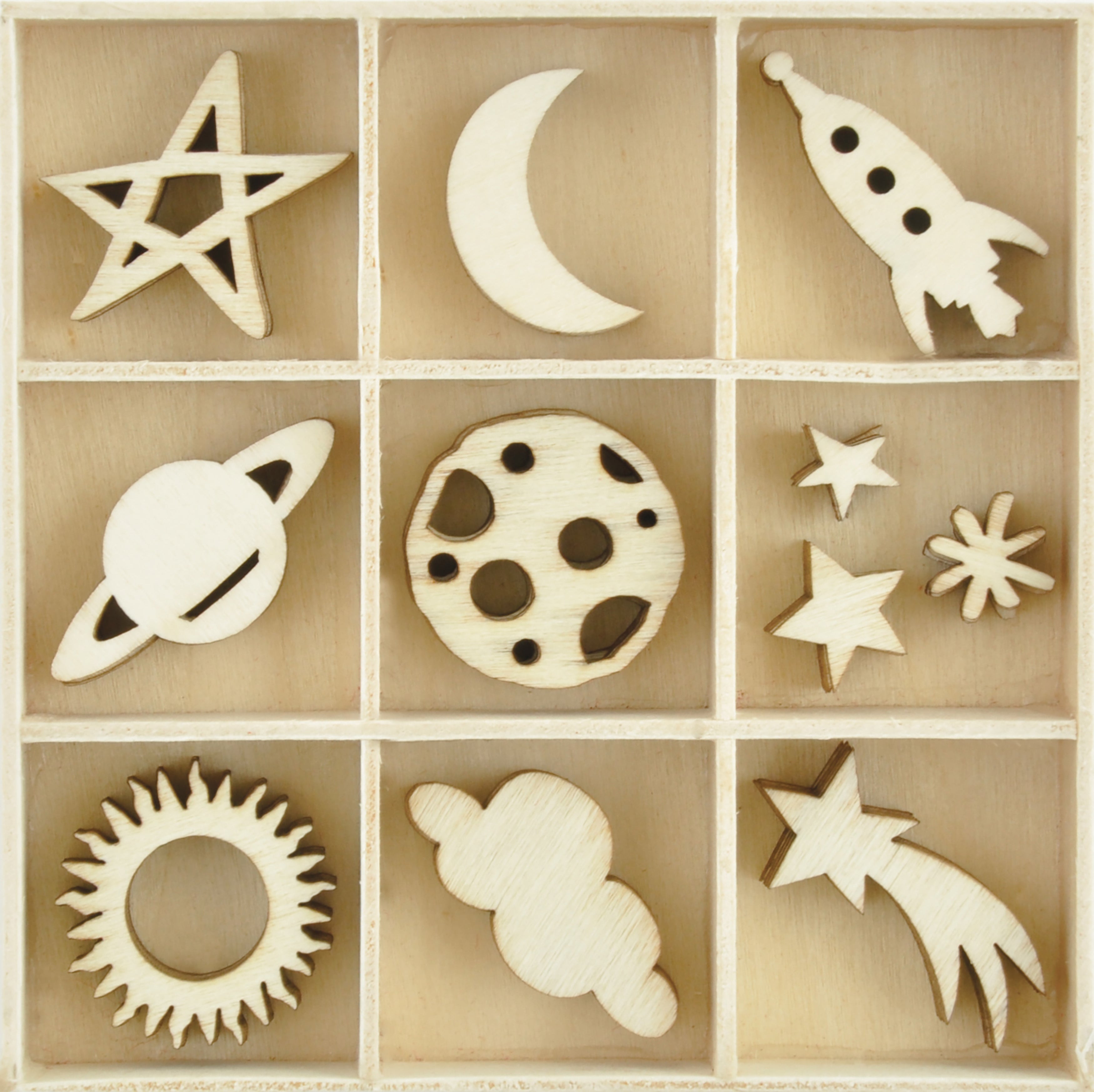 Kaisercraft Wood Mini Themed Embellishments - Star & Moon, 55/Pkg
