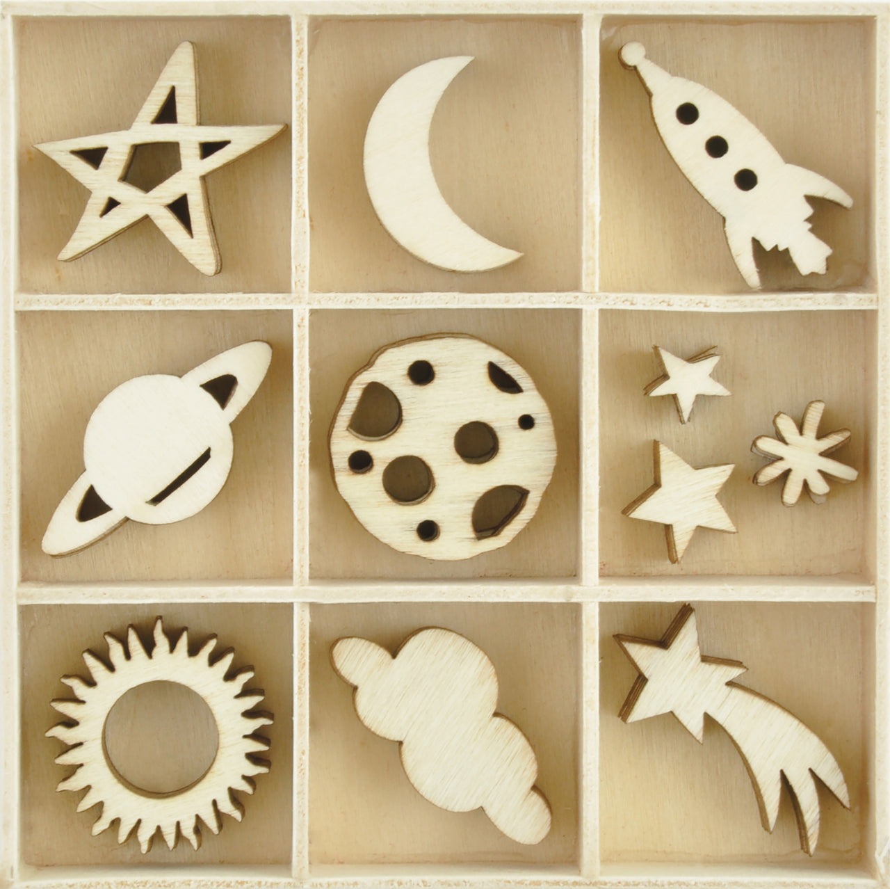 Kaisercraft Wood Mini Themed Embellishments - Star & Moon, 55/Pkg