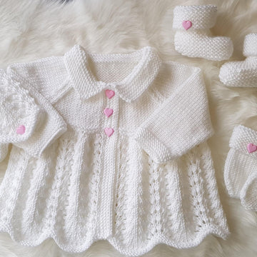 Milly Baby Cardigan, Hat, Mitts & Booties knitting pattern