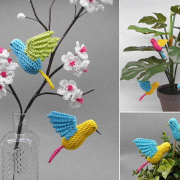 Little flying bird hanging decoration & flower pot stick - easy from scraps of yarn