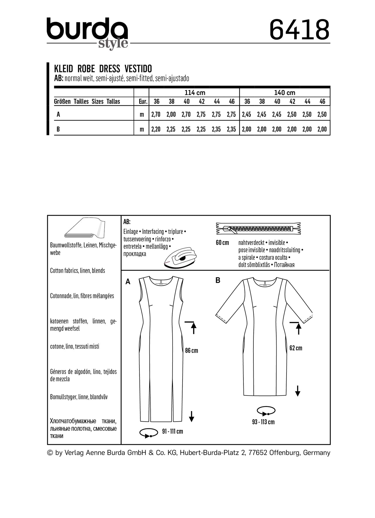 Burda Style Women's Feminine Dresses B6418 - Paper Pattern, Size 10-20