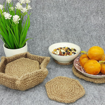 Jute hexagon coasters with holder